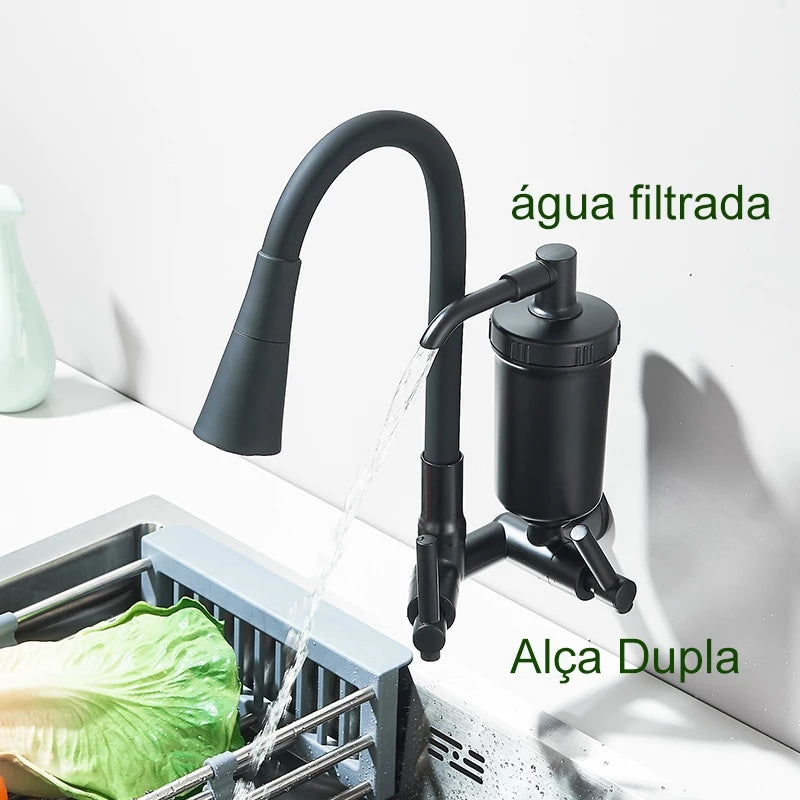 Torneira Gourmet Cozinha De Parede Com Filtro Pulverizador Flexível e Alças Duplas